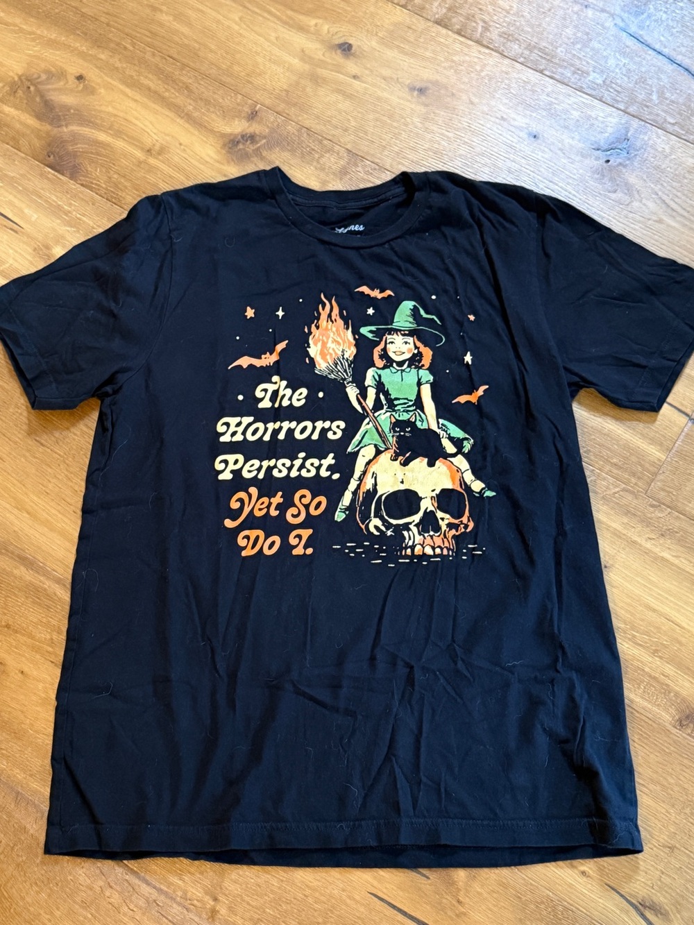 Black Graphic Halloween Tee with Witch & Skull Print